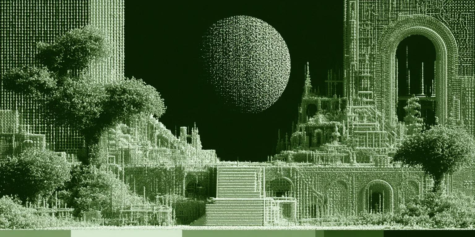 A vast luminous city assembled from streams of green data