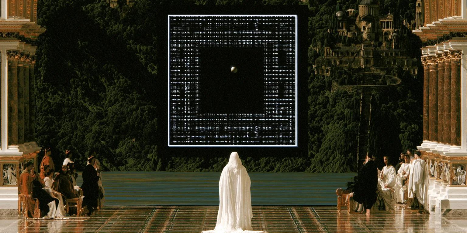 A figure facing a luminous data portal in a dark architectural landscape